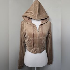 Hollister Velour Full Zip Cropped Hoodie in Creamy Tan